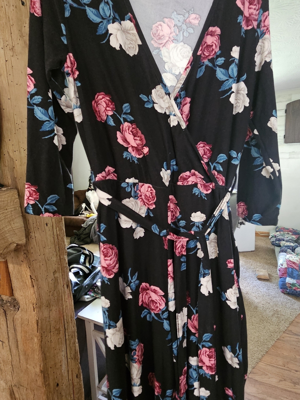 Floral Wrap Jumpsuit - Black with Pink & Cream Roses